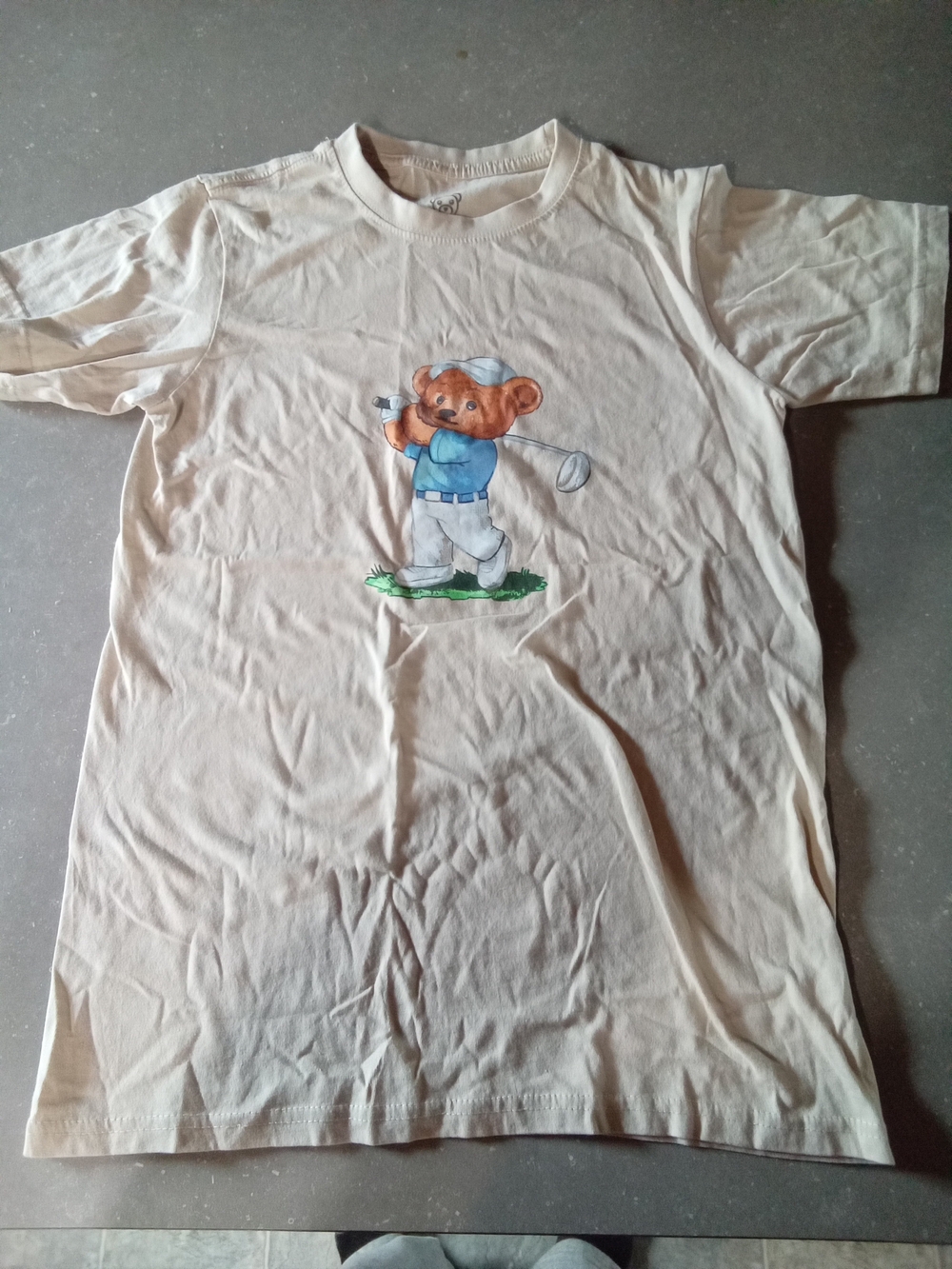Bear Threads.Small. Beige Short-Sleeve Tee with Golf Bear Graphic